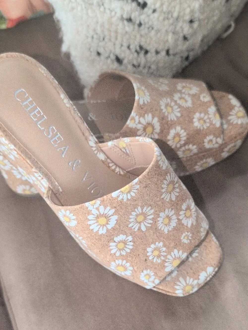 Chelsea & Violet daisy-patterned cork wedge heel.